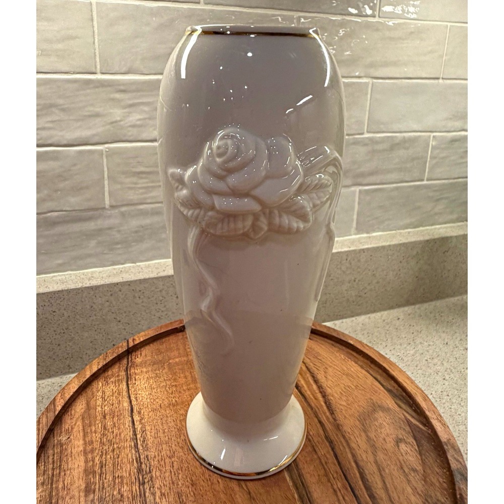 Lenox White Porcelain Flower Vase Floral Rose Relief Gold Trim 12" China